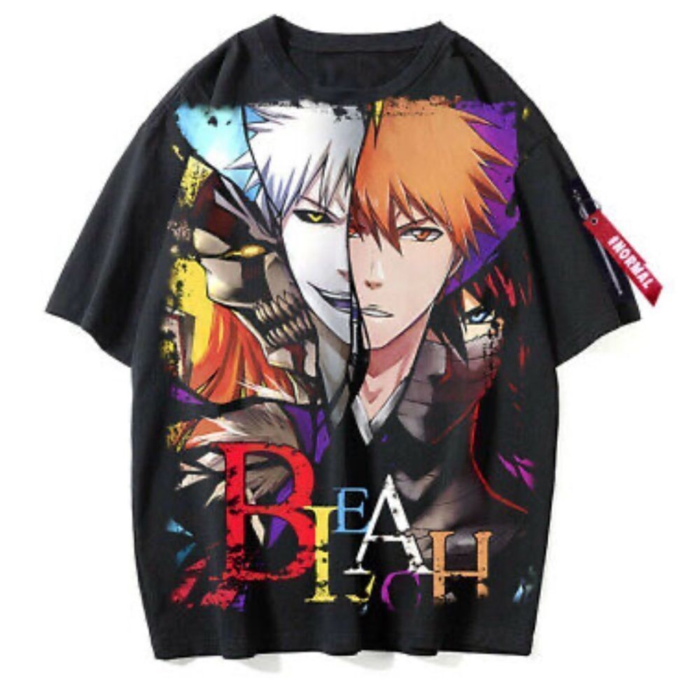 Cotton Black Anime BLEACH Kurosaki Short Sleeve Graphic Print Tee T-Shirt S